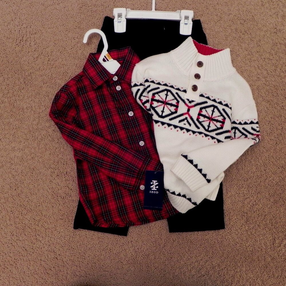 Precious 3 Piece Boys Sweater, Pants, & Button Shirt Outfit NWT IZOD 3T or 4T!